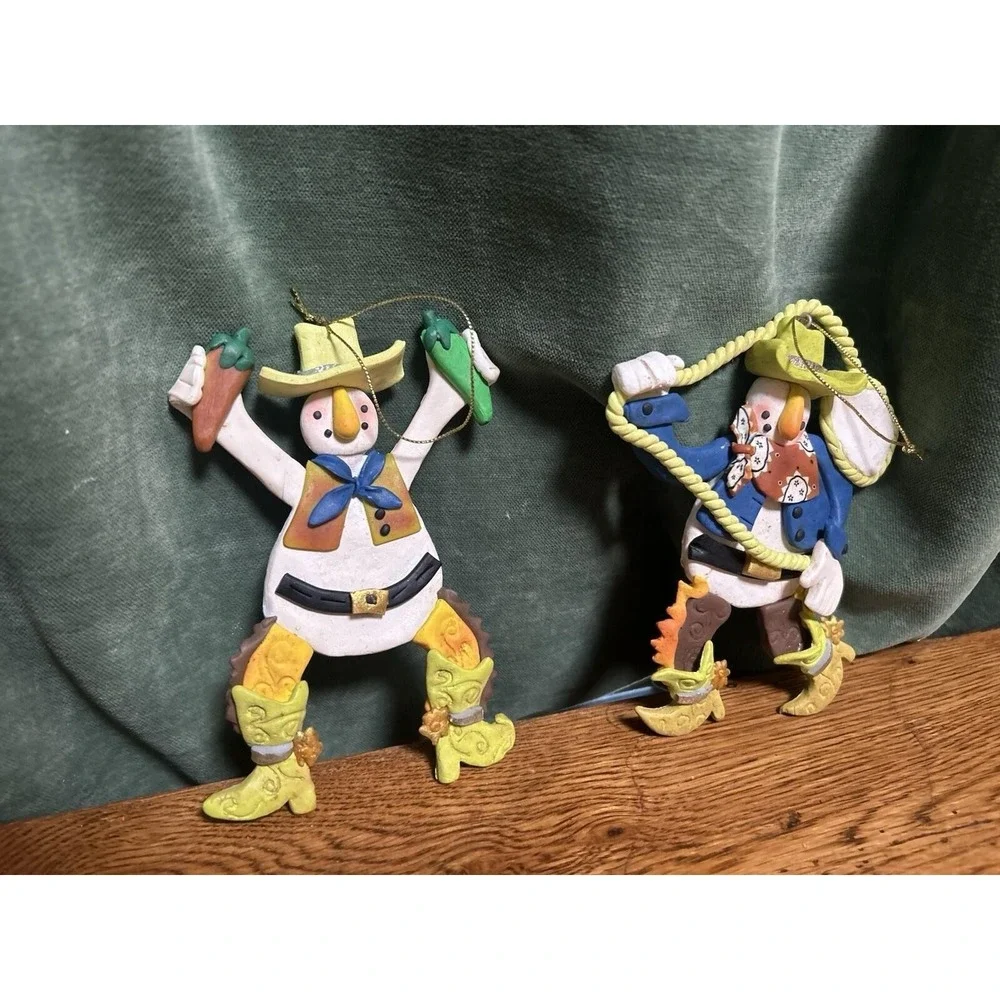 Cowboy Snowman Christmas Ornaments Set of 2 Western Lasso Chili Pepper Rustic